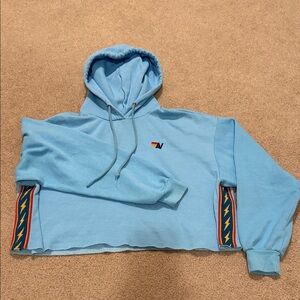 Aviator Nation Sky Light Blue Cropped Bolt Stripe Hooded Sweatshirt